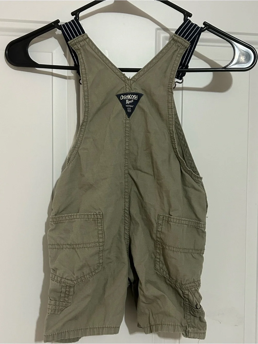 OshKosh B'gosh Olive Green Short Overalls with Navy Striped Straps